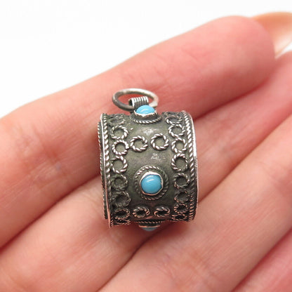 925 Sterling Silver Antique Real Turquoise Gem Building Charm Pendant