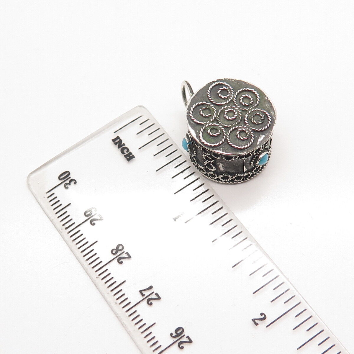 925 Sterling Silver Antique Real Turquoise Gem Building Charm Pendant