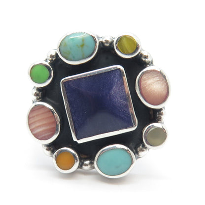 925 Sterling Silver Vintage Real Mother-of-Pearl & Turquoise Gem Ring Size 9.25