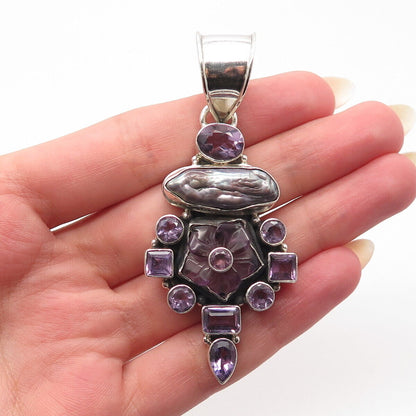 925 Sterling Silver Vintage Real Gray Pearl & Amethyst Gemstone Pendant