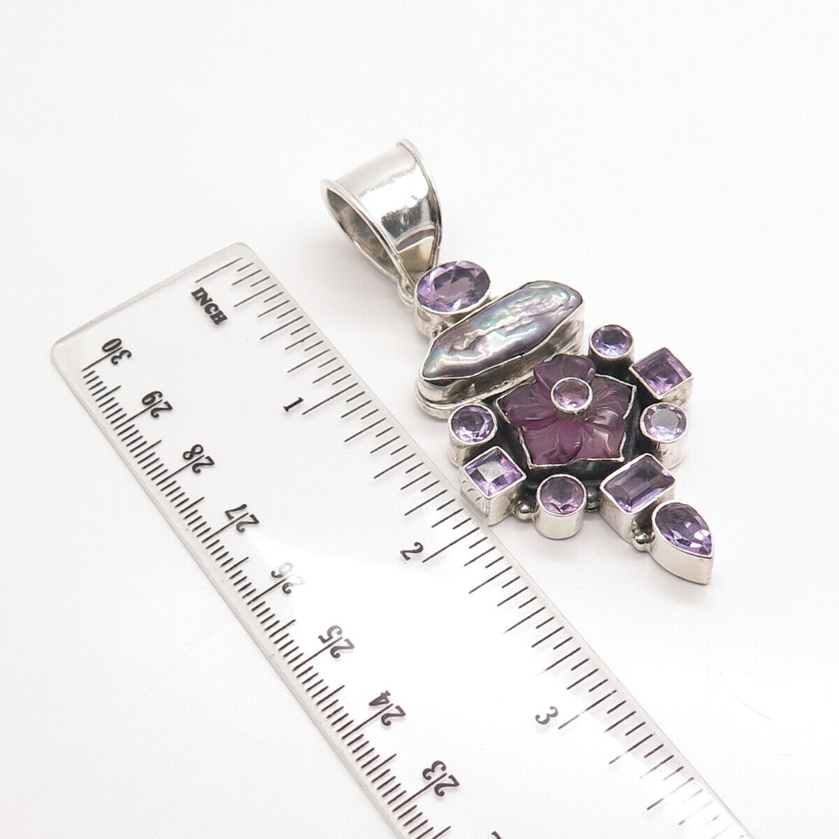 925 Sterling Silver Vintage Real Gray Pearl & Amethyst Gemstone Pendant