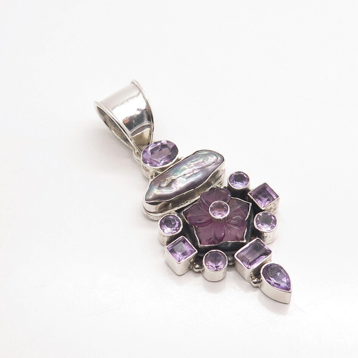 925 Sterling Silver Vintage Real Gray Pearl & Amethyst Gemstone Pendant