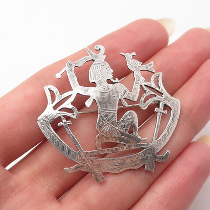 925 Sterling Silver Antique Egyptian Theme Tribal Pin Brooch