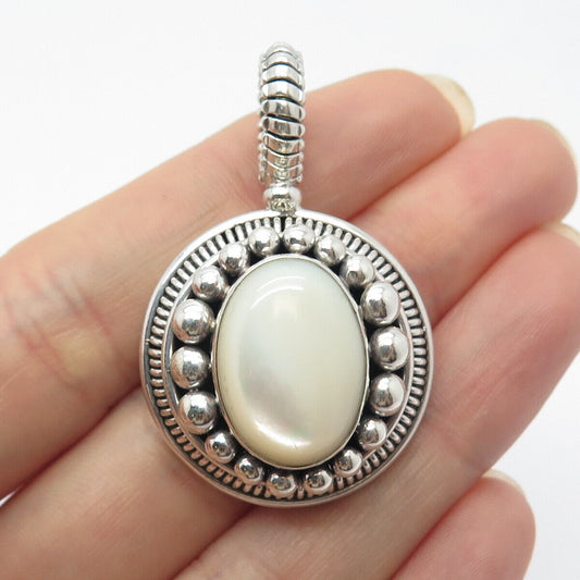 925 Sterling Silver Vintage Suarti Bali Mother-of-Pearl Beaded Oval Pendant