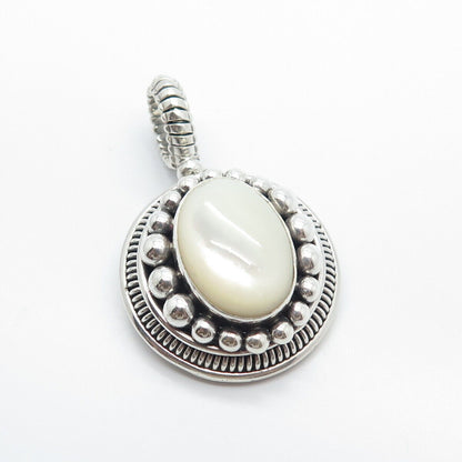 925 Sterling Silver Vintage Suarti Bali Mother-of-Pearl Beaded Oval Pendant