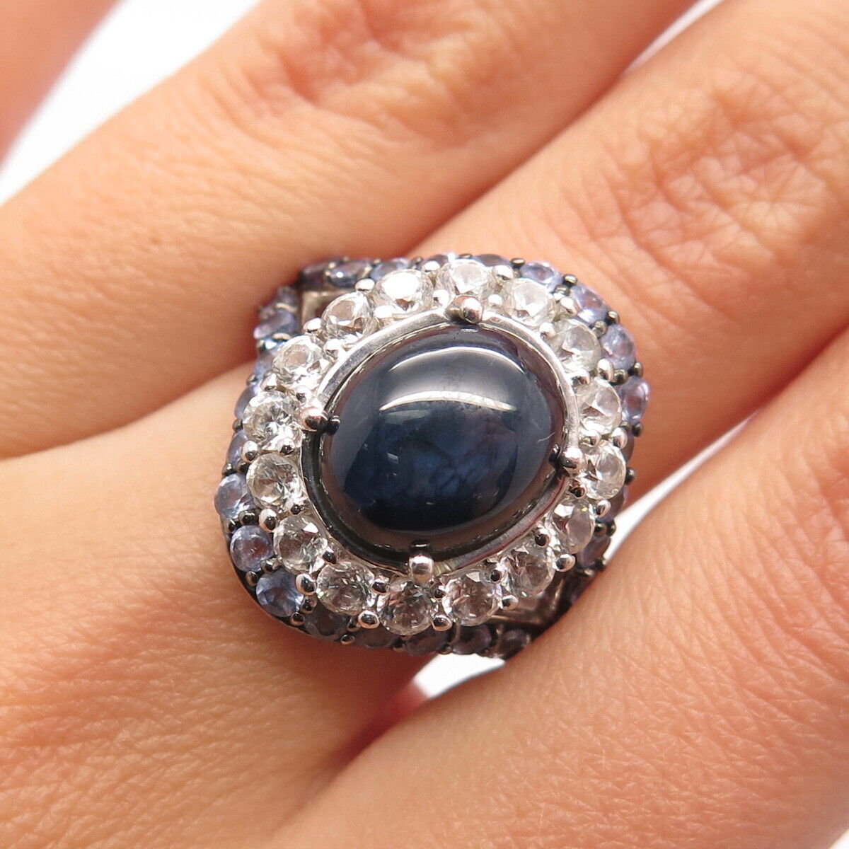 925 Sterling Silver Vintage Real White Topaz & Sapphire Gem Ring Size 6