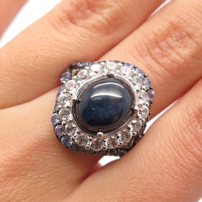 925 Sterling Silver Vintage Real White Topaz & Sapphire Gem Ring Size 6