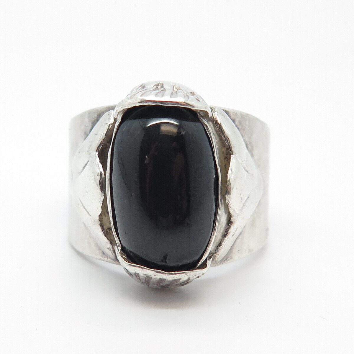 925 Sterling Silver Vintage Real Obsidian Gem Hammered Ring Size 10.25