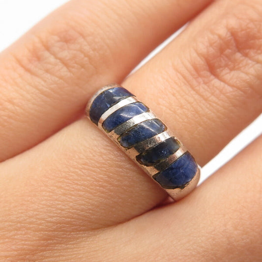 925 Sterling Silver Vintage JAB Real Sodalite Gem Striped Bar Ring Size 4.5