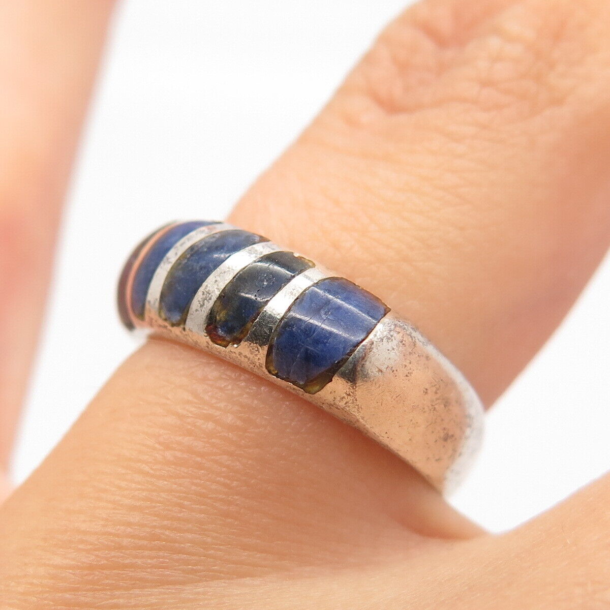 925 Sterling Silver Vintage JAB Real Sodalite Gem Striped Bar Ring Size 4.5