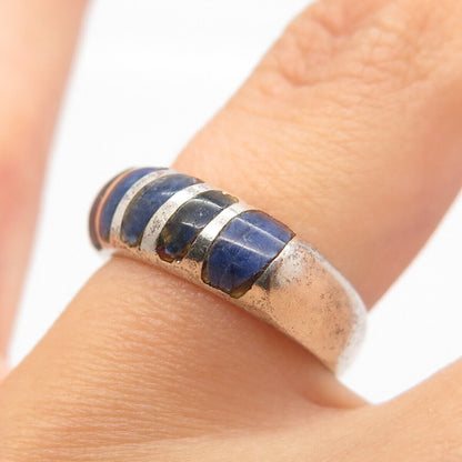 925 Sterling Silver Vintage JAB Real Sodalite Gem Striped Bar Ring Size 4.5