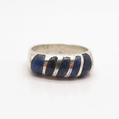 925 Sterling Silver Vintage JAB Real Sodalite Gem Striped Bar Ring Size 4.5