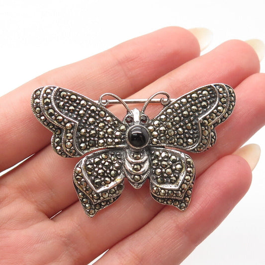 825 Silver Vintage Real Marcasite Red Garnet & Black Onyx Gem Butterfly Brooch