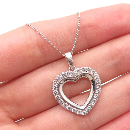 925 Sterling Silver C Z Open Heart Pendant Rolo Chain Necklace 18"