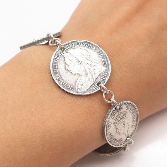 925 Sterling Silver 1/20 12K Gold Filled Antique Coin Link Bracelet 8"