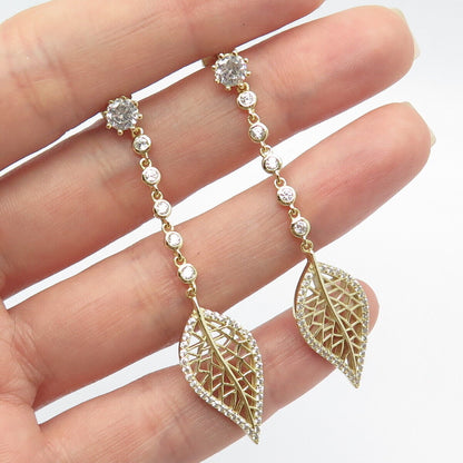 925 Sterling Silver Gold Plated C Z Leaf Dangling Drop Earrings