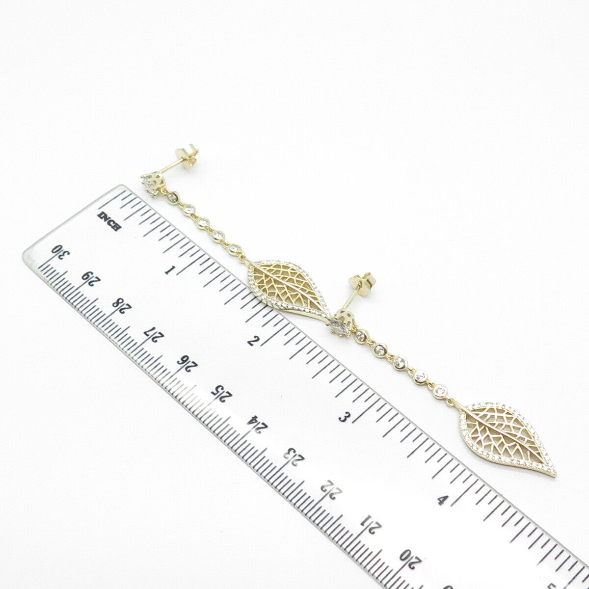 925 Sterling Silver Gold Plated C Z Leaf Dangling Drop Earrings