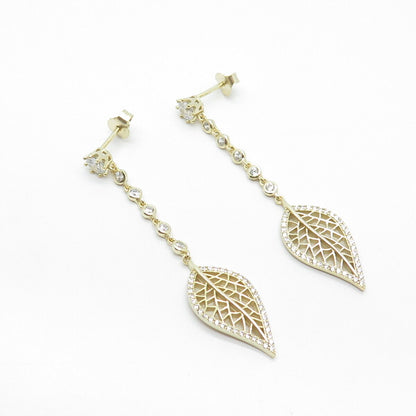 925 Sterling Silver Gold Plated C Z Leaf Dangling Drop Earrings