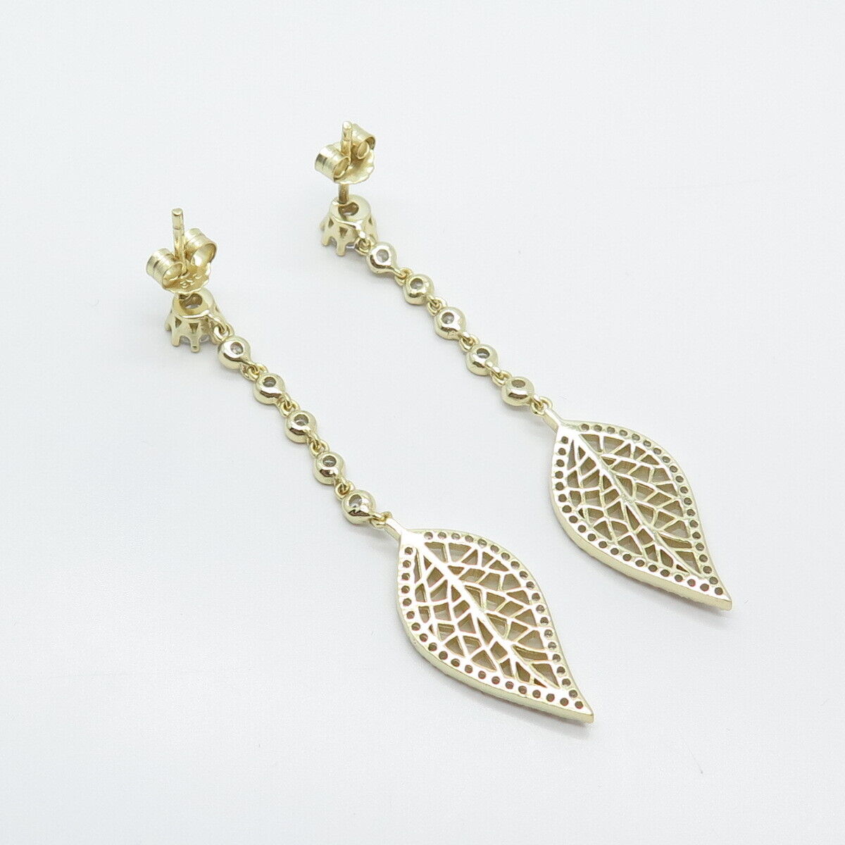 925 Sterling Silver Gold Plated C Z Leaf Dangling Drop Earrings