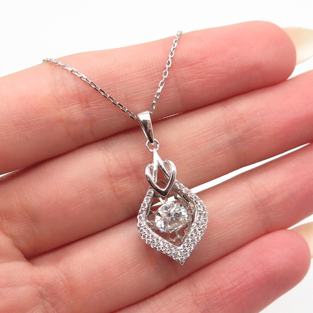 925 Sterling Silver Round-Cut C Z Pendant Rolo Chain Necklace 18"