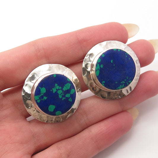 925 Sterling Silver Vintage Mexico Real Azurite Gem Round Clip On Earrings