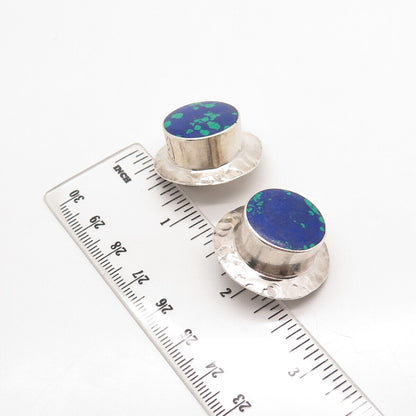 925 Sterling Silver Vintage Mexico Real Azurite Gem Round Clip On Earrings