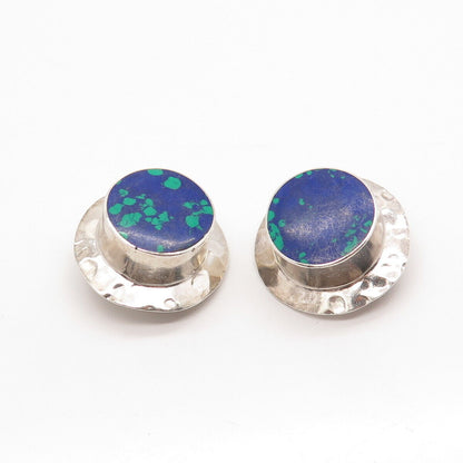 925 Sterling Silver Vintage Mexico Real Azurite Gem Round Clip On Earrings