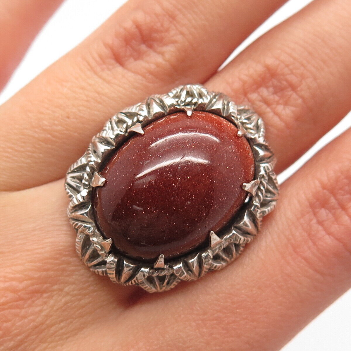 925 Sterling Silver Antique Real Goldstone Gem Modernist Ring Size 5.75