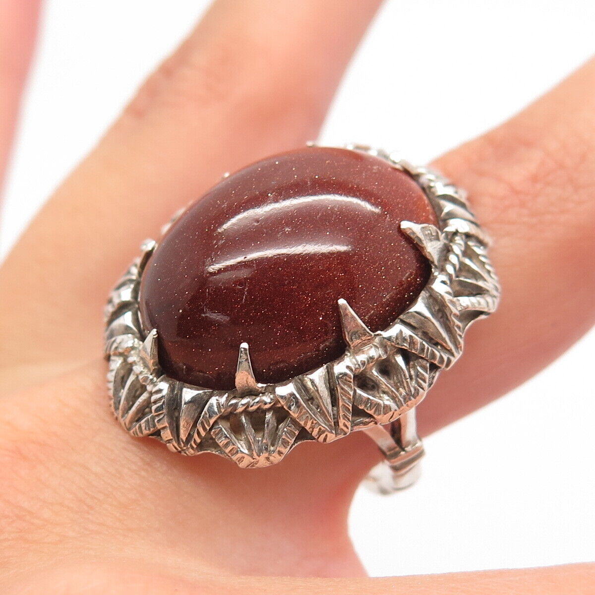 925 Sterling Silver Antique Real Goldstone Gem Modernist Ring Size 5.75