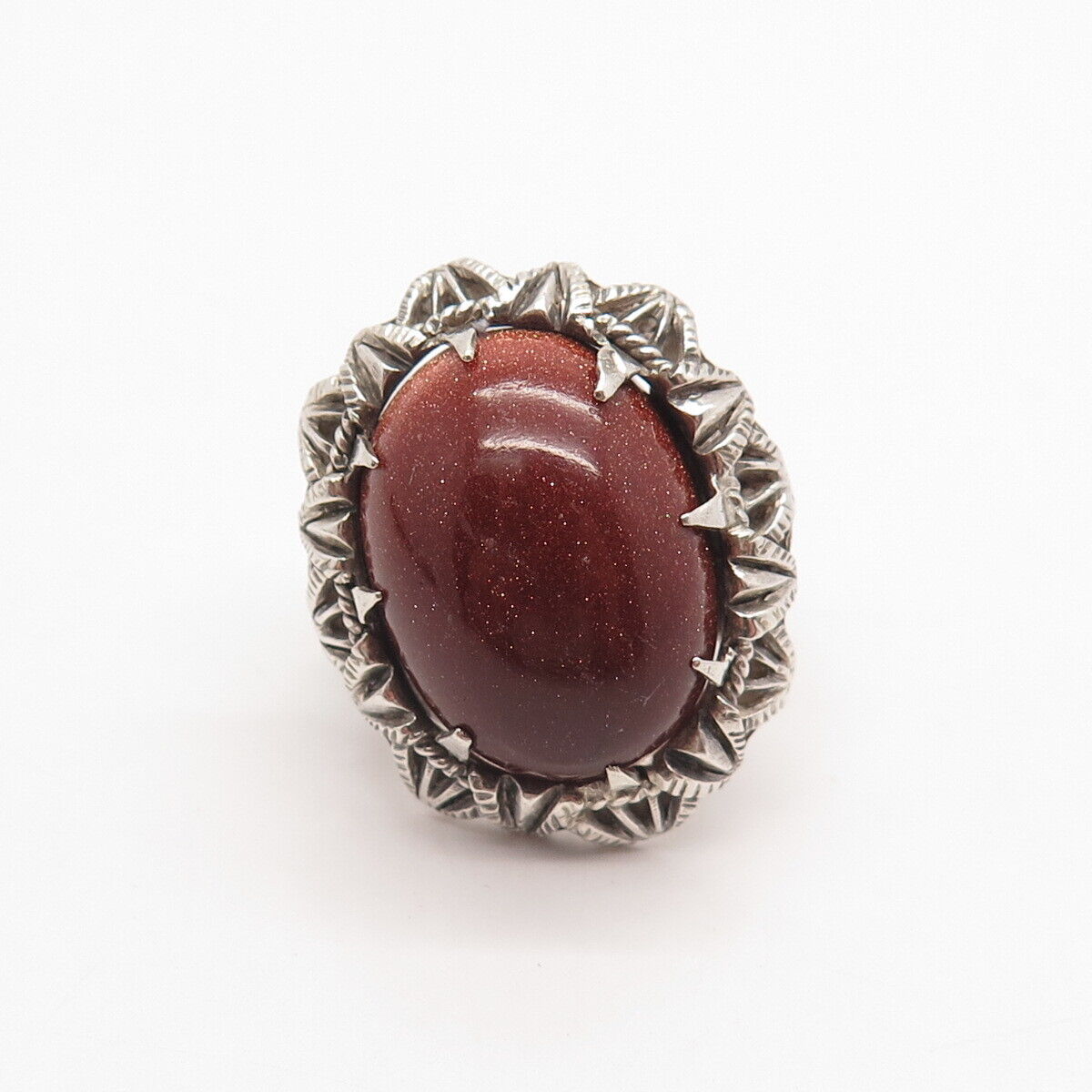 925 Sterling Silver Antique Real Goldstone Gem Modernist Ring Size 5.75