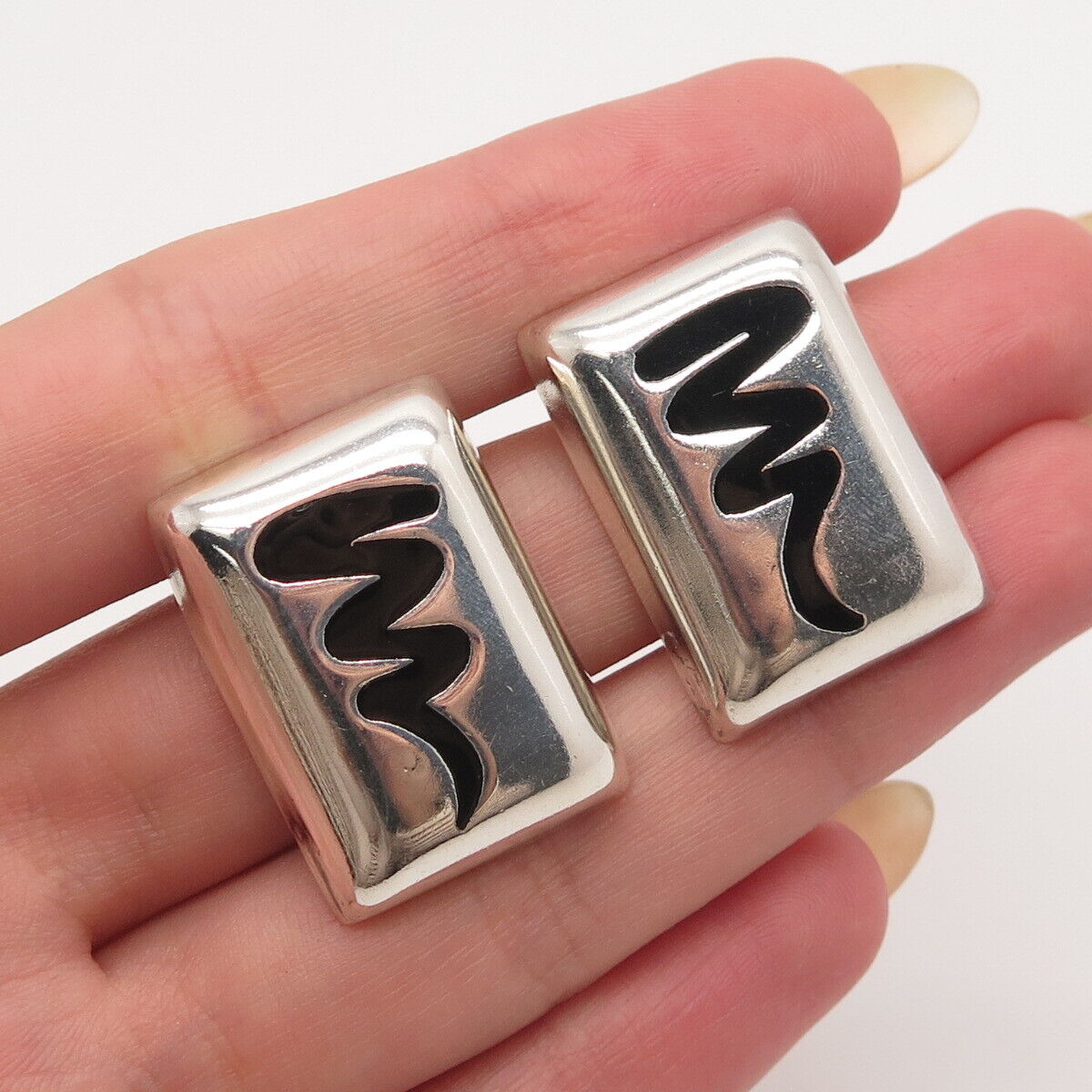 925 Sterling Silver Vintage Mexico Enamel Zigzag Rectangle Earrings