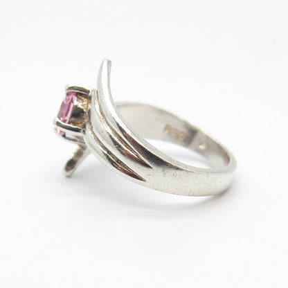 925 Sterling Silver Vintage Round-Cut Pink C Z Ribbed Ring Size 5.75