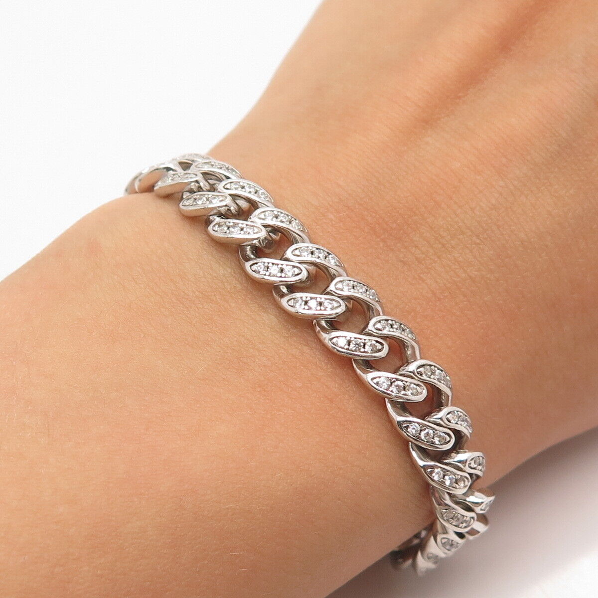 925 Sterling Silver Pave C Z Cuban Link Bracelet 7.75"