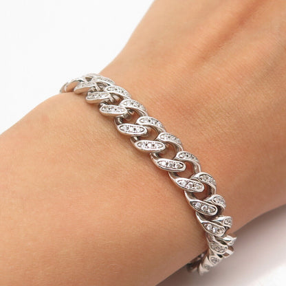 925 Sterling Silver Pave C Z Cuban Link Bracelet 7.75"