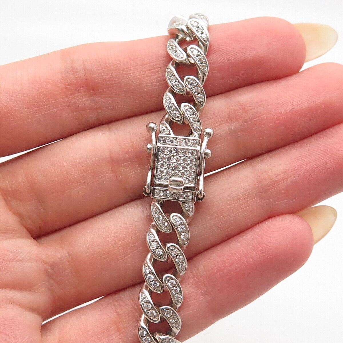 925 Sterling Silver Pave C Z Cuban Link Bracelet 7.75"