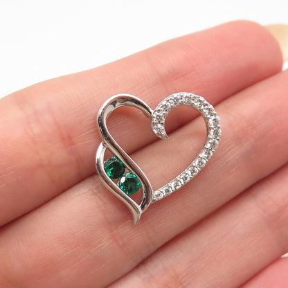 925 Sterling Silver White & Green C Z Open Heart Slide Pendant