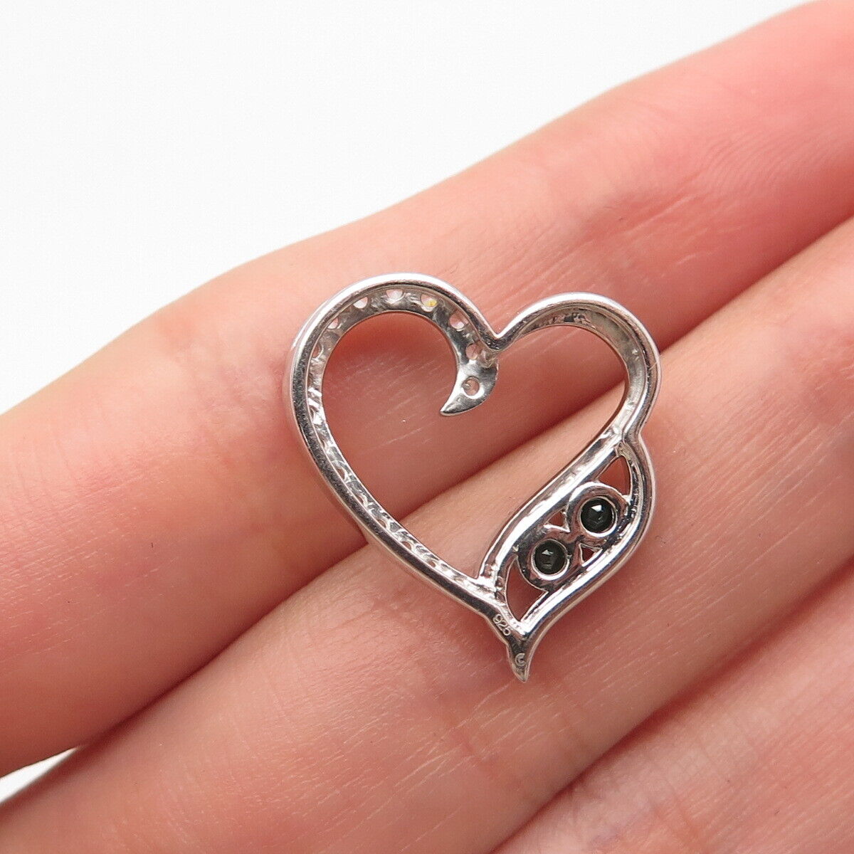 925 Sterling Silver White & Green C Z Open Heart Slide Pendant