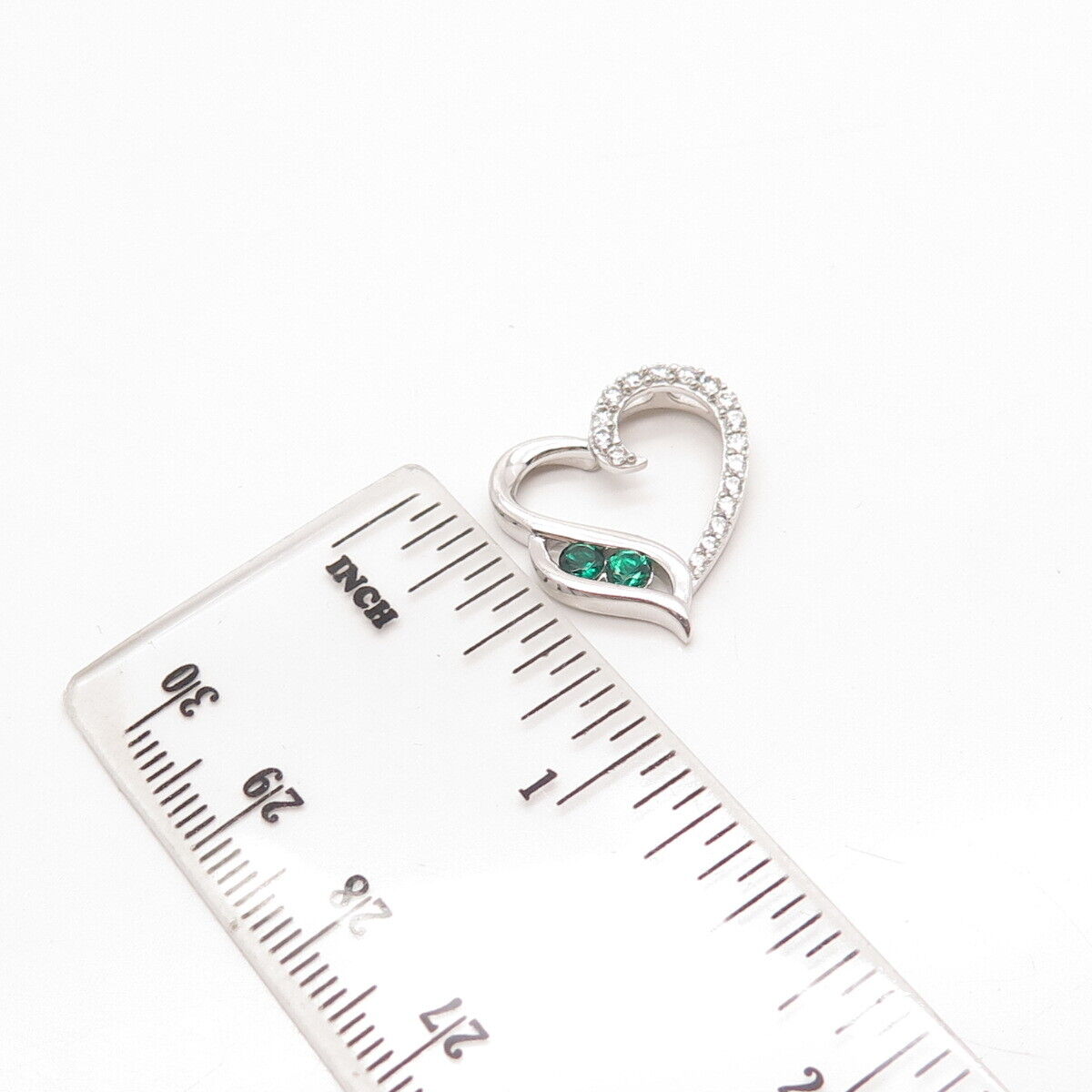 925 Sterling Silver White & Green C Z Open Heart Slide Pendant