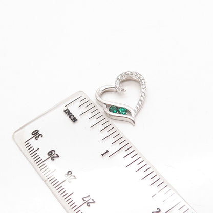 925 Sterling Silver White & Green C Z Open Heart Slide Pendant