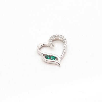 925 Sterling Silver White & Green C Z Open Heart Slide Pendant