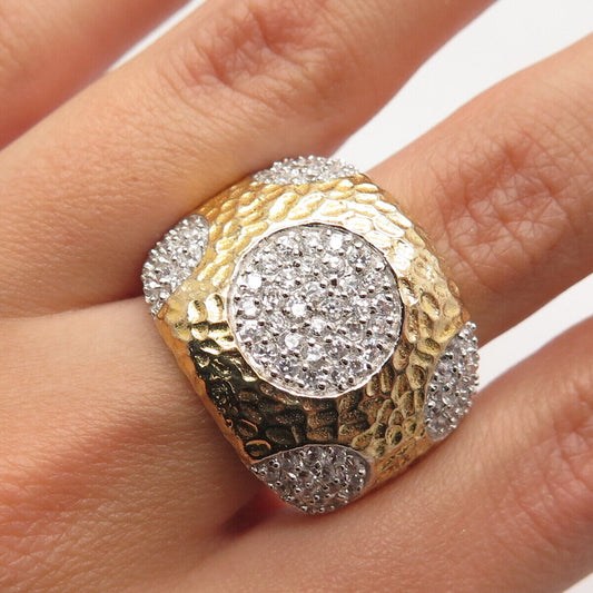 925 Sterling Silver Gold Plated Pave C Z Hammered Finish Wide Ring Size 8.25