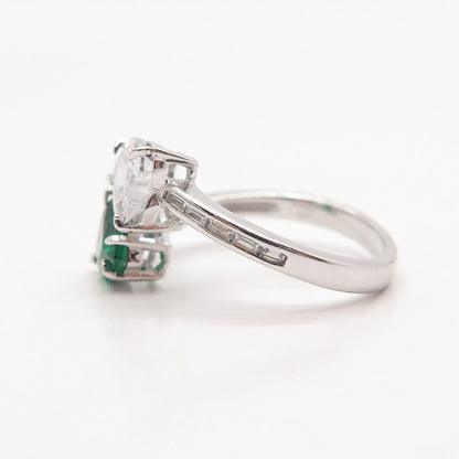 925 Sterling Silver White & Green C Z Double Heart Bypass Ring Size 8