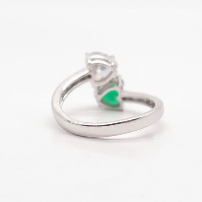 925 Sterling Silver White & Green C Z Double Heart Bypass Ring Size 8