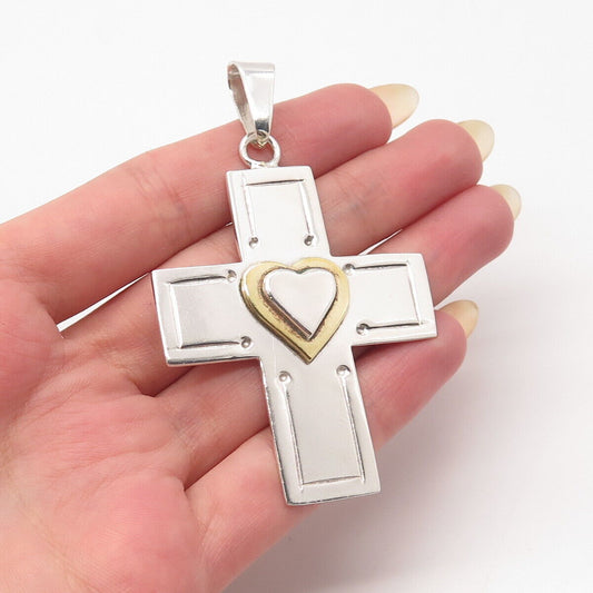 925 Sterling Silver 2-Tone Vintage Mexico Cross Heart Pendant