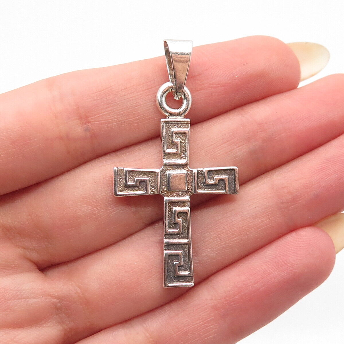 925 Sterling Silver Vintage Mexico Greek Maze Cross Pendant