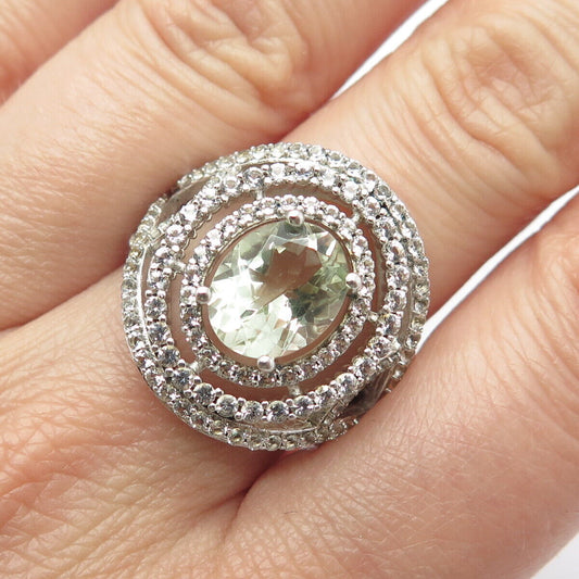 925 Sterling Silver Real Green Amethyst & White Topaz Gem Ring Size 8