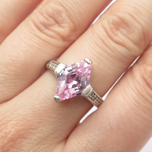925 Sterling Silver Pink & White C Z Rhombus Ring Size 8.25