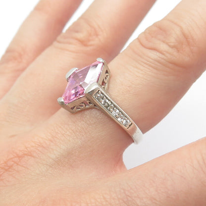 925 Sterling Silver Pink & White C Z Rhombus Ring Size 8.25
