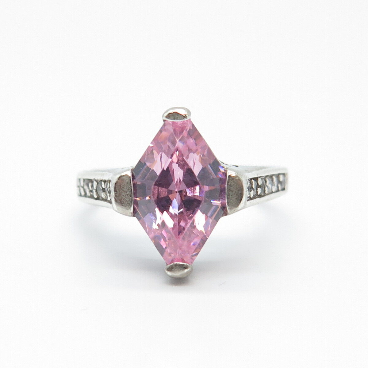 925 Sterling Silver Pink & White C Z Rhombus Ring Size 8.25