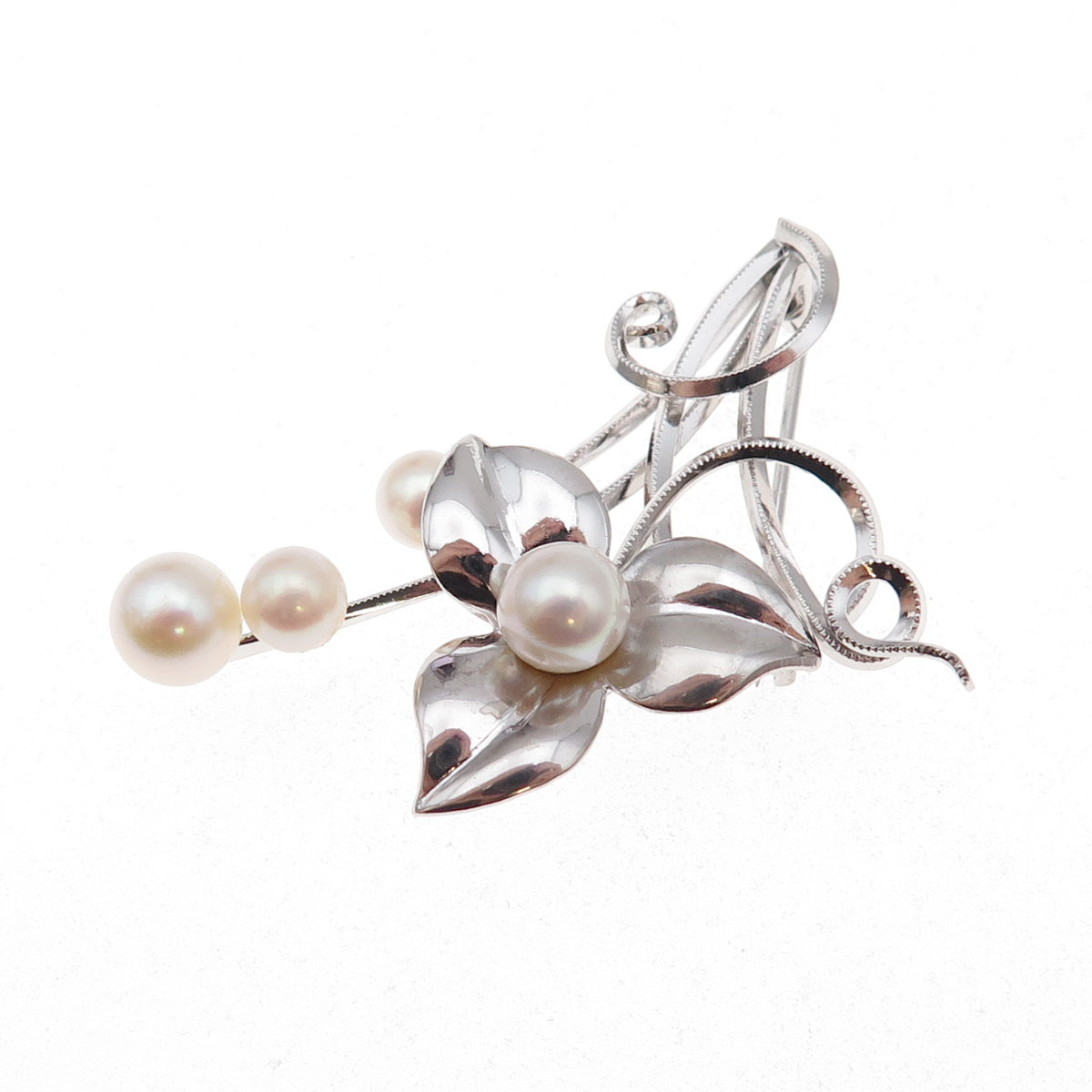 925 Sterling Silver Vintage Real Pearl Floral Pin Brooch